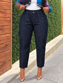 Women's Plus Size Denim Cropped Pants, Tapered Carrot Leg Style, With Zipper Detail, Non-Stretch Fabric, Suitable For Home And Casual Wear - Blue - View 2