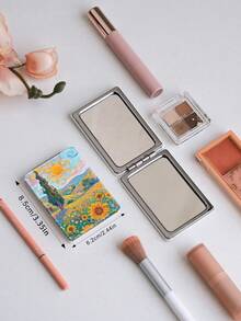 1PC Van Gogh Series Portable Vanity Mirror, Foldable Lightweight Ultra-Thin Hand Mirror, PU Leather, Suitable For All People And Multiple Occasions, Rectangular Pocket Mirror, Classic Abstract Sunflower, Sun, Architecture, Mountain Pattern Design, Exquisite And Delicate, Convenient To Carry, Handheld Makeup Mirror, 180° Flip Cover, Multi-Functional - Multicolor - View 4