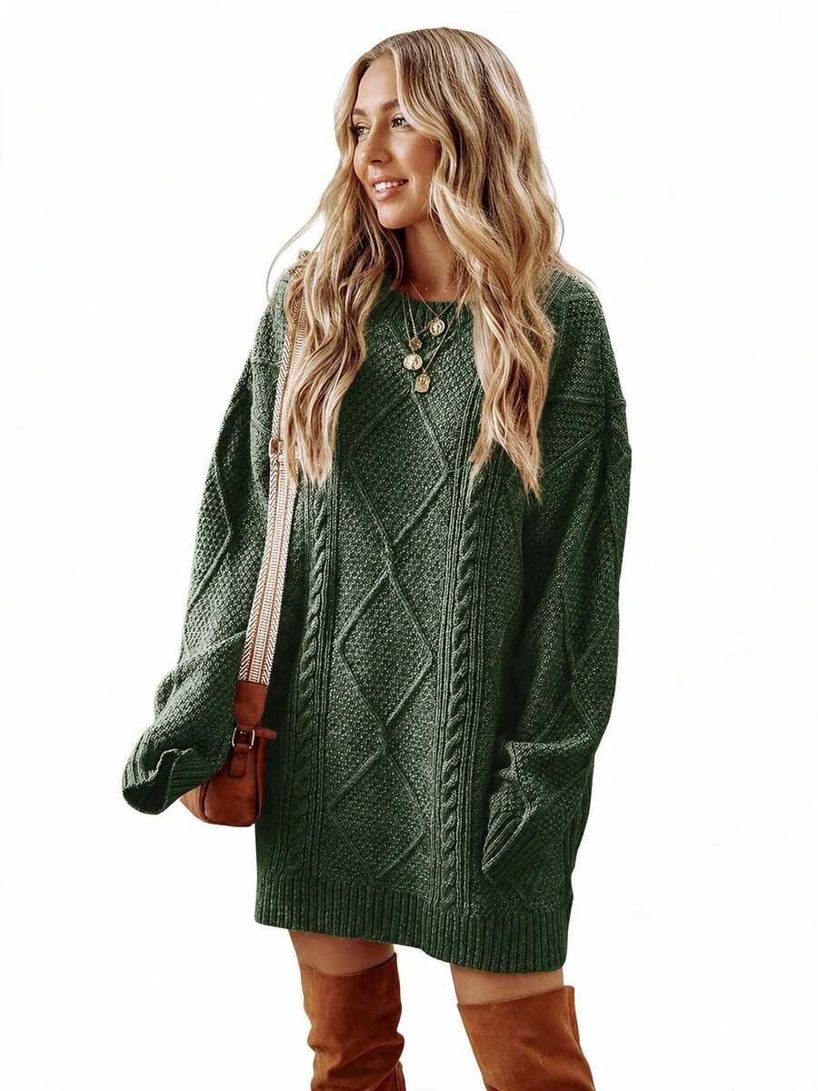 Acelitt Autumn/Winter Women's Olive Green Solid Color Knit Textured Pattern Drop Shoulder Oversized Sweater Dress Casual Fall