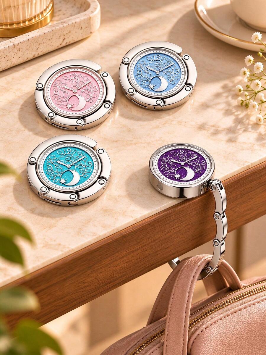 Elegant Round Clock-Pattern Design With Moon And Star Details, Portable Foldable Metal Tabletop Schoolbag Hook For Students, Handbag Hanger And Bag Hanging Accessory For Classroom Desks, Cafes, Offices, Travel And Birthday Gifts, Key Holder. - Multicolor - View 1