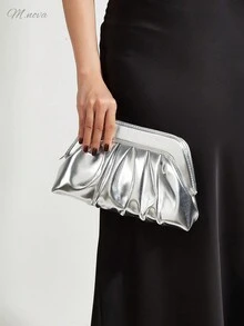 Oversized Women's Elegant Clutch, Minimalist Handbag, Large Capacity Zip Makeup Bag, PU Texture, Suitable For Shopping, Wedding,Party, And Daily Wear - Silver - View 1