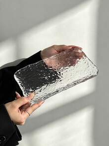 1pc Rectangular Transparent Glass Plate, All-Over Asymmetrical Ice Hammer Texture, Clear And Textured. Can Hold Fruit, Desserts, Snacks, Suitable For Afternoon Tea Display, Also Can Be Used As Storage Tray, Ins Minimalist Home Style - Transparent - View 8
