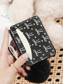Fashionable Bow Printed Zipper Card Bag, Adorned With A Delicate Pom-Pom, Large Capacity Credit Card Package, Suitable For Outdoor Use - Hot Pink - View 16