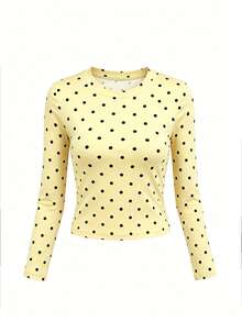 Women's Round Neck Long Sleeve T-Shirt, Spring/Autumn New Fashion Polka Dot Pattern Design, Pure Desire Hot Girl Style, Casual Versatile Slim Fit Cropped Top, Suitable For Daily Wear - Yellow - View 3