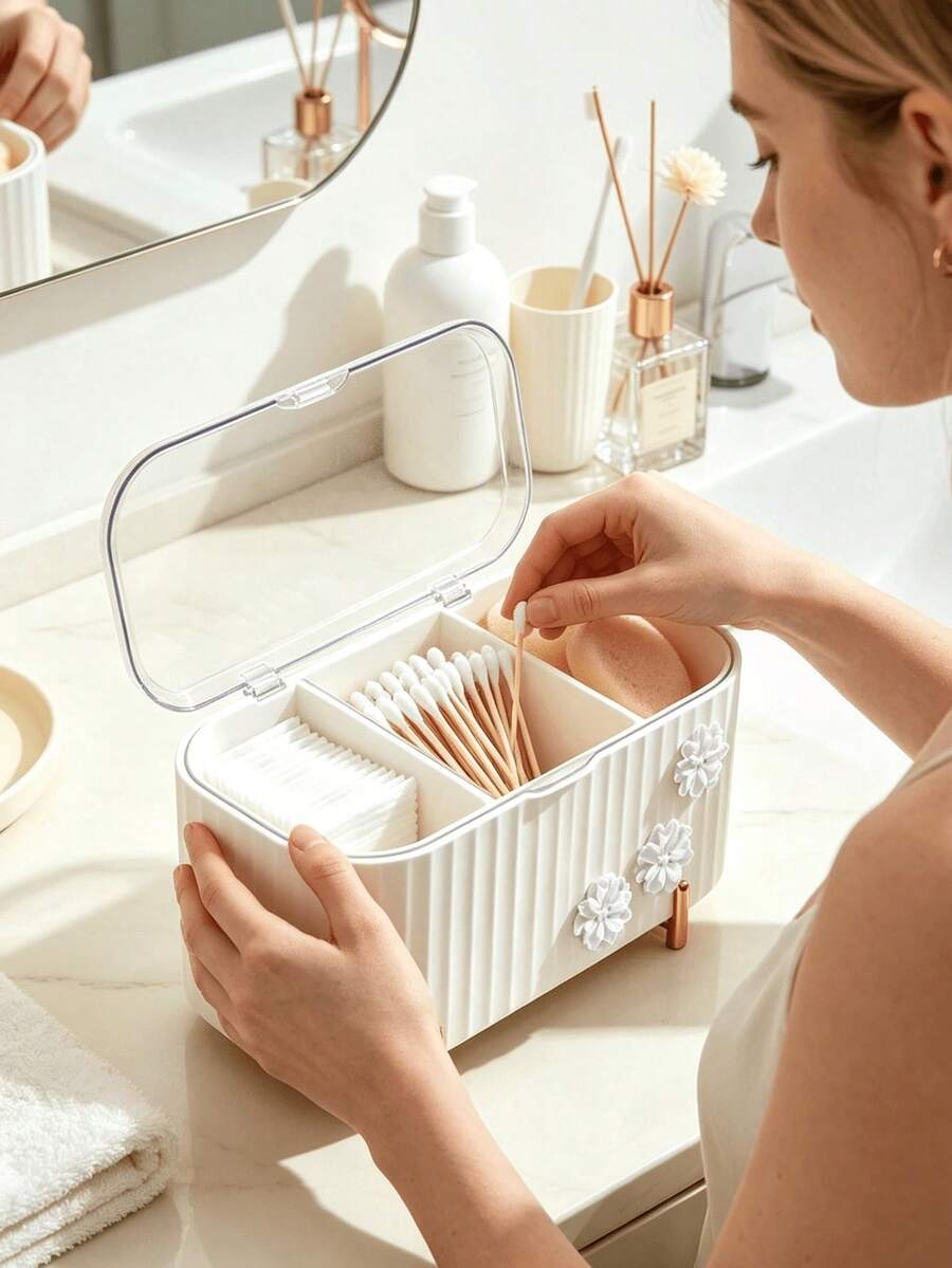 Cute Flower Decor 3-Compartment Cotton Pad Storage Box, Transparent Lid Dust-Proof Desktop Organizer, Suitable For Cotton Pads, Cotton Swabs, Makeup Sponges, Small Cosmetic Accessories Storage Box For Vanity And Bathroom - Multicolor - View 1