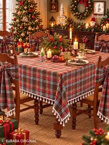 Christmas Plaid Tablecloth With Tassel Fringe, Polyester Rustic Farmhouse Holiday Table Cover For Dining Room Kitchen Christmas Party Decor Christmas Decrotions Christmas Decorations For Home - Red - View 8