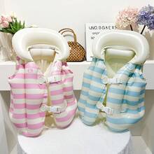 Rompi Renang Anak-Anak Tiup Motif Gradien Garis-Garis dengan Gesper Ganda Anti-Terbalik, Terbuat dari PVC Tebal, untuk Anak Laki-Laki dan Perempuan, Berat 15-55 Lbs - MultiWarna - View 5