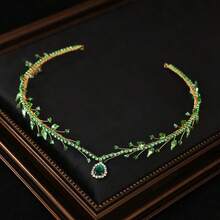 1pc Emerald Green Crystal & Rhinestone Pendant Headband Gold Wire Princess Tiara Crown Bridal Wedding Party Hair Accessories - Green - View 2