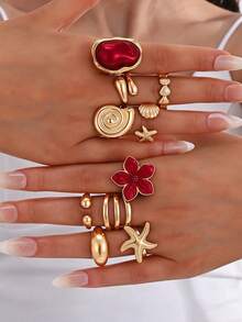 10pcs Simple Fashion Faux Pearl Flower Starfish Faux Shell Metal Asymmetrical Geometric Pattern Stacked Ring Set For Women, Vacation, Date, Gift, Daily Casual, Party, Wedding - Red - View 2