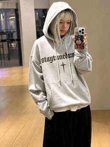 Women's Autumn/Winter Loose Casual Versatile Retro Letter & Cross Print Hooded Sweatshirt - Light Gray - View 1