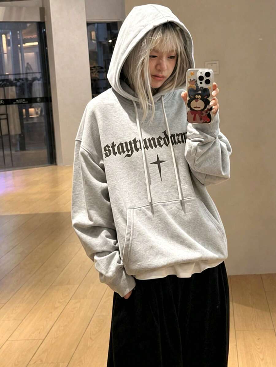 Women's Autumn/Winter Loose Casual Versatile Retro Letter & Cross Print Hooded Sweatshirt - Light Gray - View 1