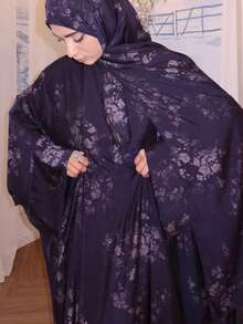 Women's Floral Print Abaya Set With Matching Hijab, Elegant Batwing Sleeve Long Dress, Modest Muslim Dubai Islamic Robe, Suitable For Daily Wear And Party - Multicolor - View 19