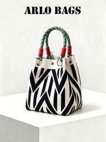 Geometric Pattern Woven Fabric Handbag With Woven Handle, Metal Ring Buckle Design, Vintage Commuter Vibe, Suitable For Daily Commute, Shopping, Travel, Elegant Elegant Fashion Outfit, Vertical Bucket Style Handbag - Black and White - View 1
