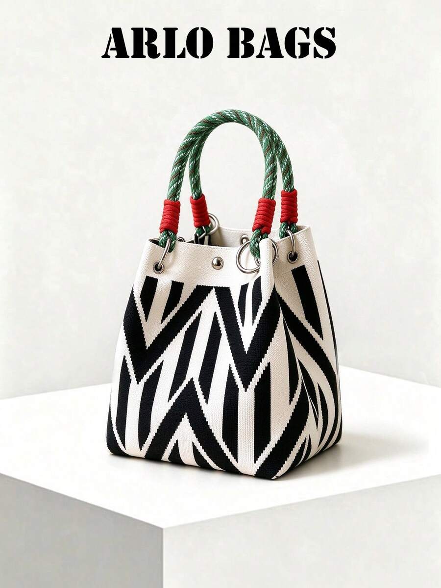 Geometric Pattern Woven Fabric Handbag With Woven Handle, Metal Ring Buckle Design, Vintage Commuter Vibe, Suitable For Daily Commute, Shopping, Travel, Elegant Elegant Fashion Outfit, Vertical Bucket Style Handbag - Black and White - View 1