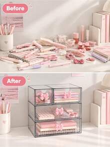 Desktop Storage Box With Bow, Large Capacity Drawer Storage Box, Transparent Storage Box That Can Be Freely Matched, Cosmetic Storage And Display Box, Stationery Classification And Organization Box, Suitable For Desktop Accessories, Cosmetics, Makeup Tools, Stationery, Learning Supplies, Applicable To Home Bedroom, Study, Makeup Table, School Dorm, Office, Room Decoration, Classification And Storage Of Daily Necessities, Make Your Desktop More Tidy - Transparent - View 5