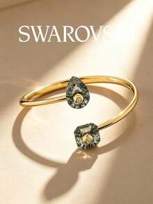 SWAROVSKI Open Bangle Bracelet With Teardrop Square Crystal Dual-Color Design, Women's Jewelry Gift For Girlfriend - Gold + Green - View 2