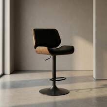 Taburete de Bar Ajustable con Pistón de Gas y Giratorio 360°, Silla de Bar Tapizada en Piel Vegana Negra con Estructura de Madera Curvada Chapa de Nogal, Base de Metal Negro y Reposapiés, Diseño Mid-Century para Barra de Cocina, 51 * 52 * 92-112.5 cm - Negro - Ver 1