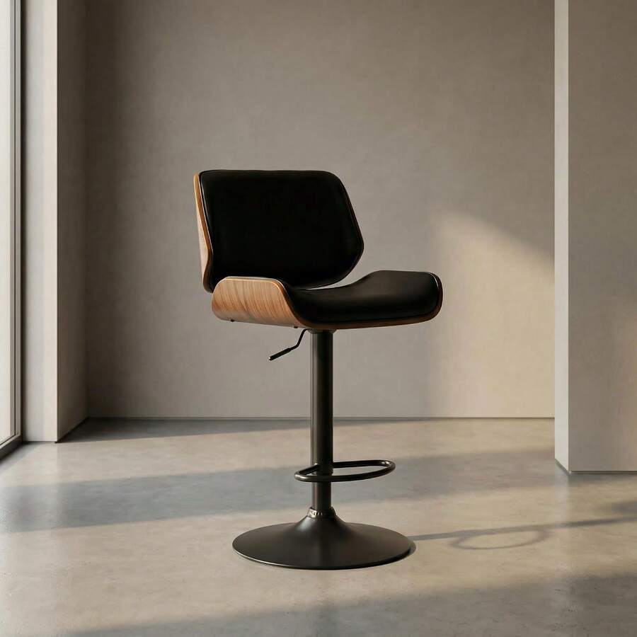 Taburete de Bar Ajustable con Pistón de Gas y Giratorio 360°, Silla de Bar Tapizada en Piel Vegana Negra con Estructura de Madera Curvada Chapa de Nogal, Base de Metal Negro y Reposapiés, Diseño Mid-Century para Barra de Cocina, 51 * 52 * 92-112.5 cm - Negro - Ver 1