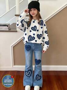 Girls Big Kids Spring/Autumn Heart Print 2 Pieces Set, Round Neck Long Sleeve Top & Denim Effect Flare Pants, Casual Outfit - Blue - View 3