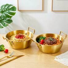 1pc Stainless Steel Gold Bowl, Mini Noodle Pot, With Dual Handles, Smooth Surface Easy To Clean, For Serving Fruit, Popcorn, Fries, Pasta, Candy, Appetizer Pickles, Suitable For Home, Restaurant, Party, School, Gift. Fruit Bowl, Soup Bowl, Pasta Bowl, Salad Bowl, Kitchen Accessory. - Gold - View 6