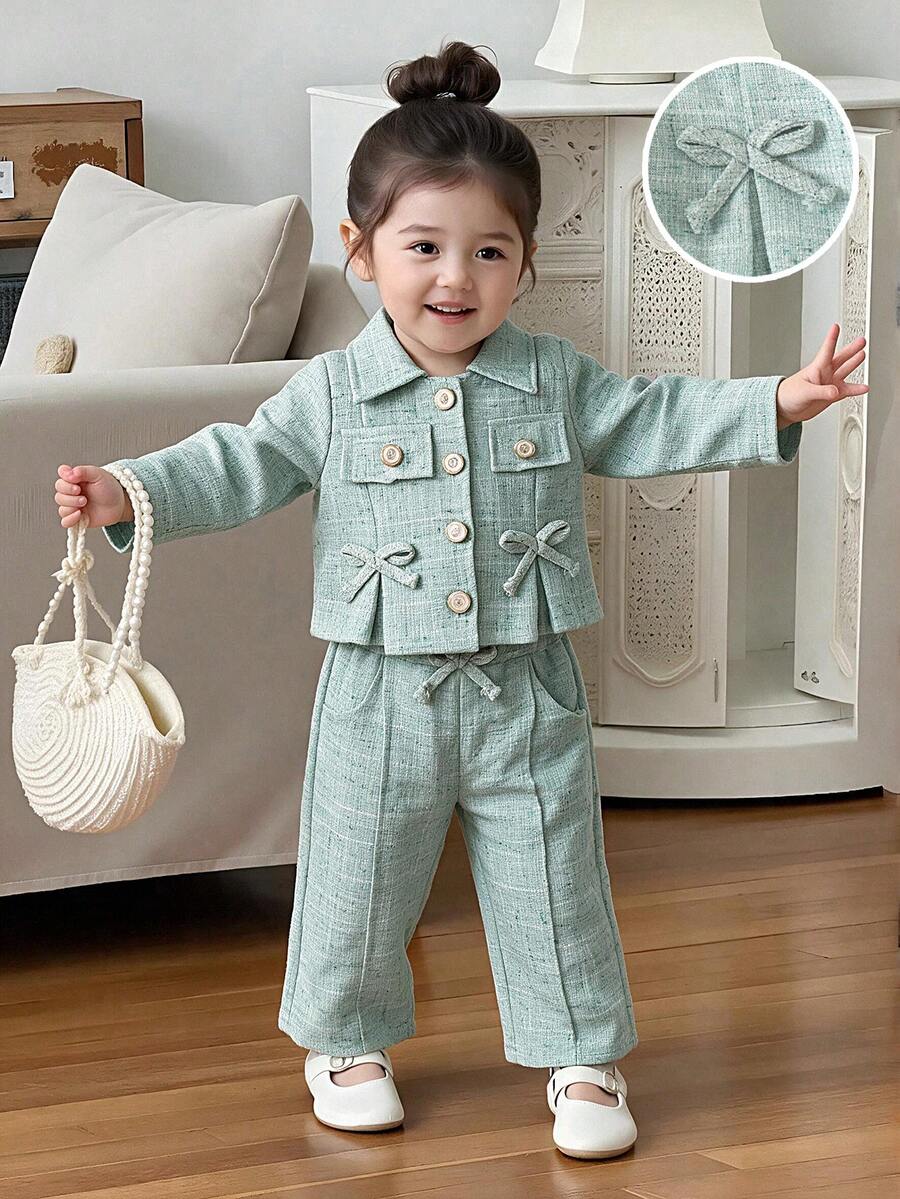2pcs Baby Girl Elegant Fresh Turn-Down Collar Open Front Jacket & Pants Set, Autumn/Winter Casual Commute Outfit - Mint Green - View 1