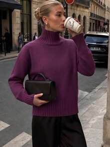 BYGOUBY Women's Autumn/Winter Solid Burgundy High Neck Drop Shoulder Sweater, Soft Comfortable Long Sleeve Casual Pullover - Purple - View 6