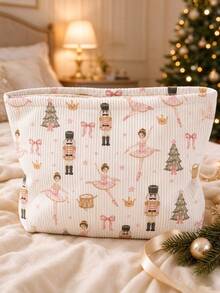 2D Christmas Nutcracker Pattern Corduroy Makeup Bag | Cosmetic Storage Bag | Travel Organizer | Travel Essential | Toiletry Bag | Pool Storage Bag | Halloween Gift | Christmas Gift | Suitable For Moms, Teachers, Friends And Nurses | Autumn Essential | Home Essential | Easy To Clean Design | Portable Makeup Box | College Essential, Holiday Essential, Christmas Gift, New Year Gift - Multicolor - View 1