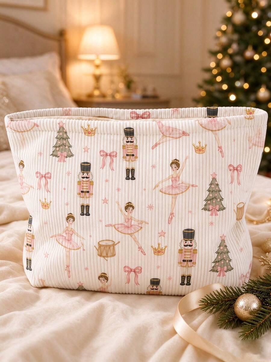 2D Christmas Nutcracker Pattern Corduroy Makeup Bag | Cosmetic Storage Bag | Travel Organizer | Travel Essential | Toiletry Bag | Pool Storage Bag | Halloween Gift | Christmas Gift | Suitable For Moms, Teachers, Friends And Nurses | Autumn Essential | Home Essential | Easy To Clean Design | Portable Makeup Box | College Essential, Holiday Essential, Christmas Gift, New Year Gift - Multicolor - View 1
