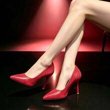 Women's Pointed Toe Stiletto High Heel Pumps, Textured Upper, Elegant High Heel Shoes For Daily Commute, Party, Formal Wear, Minimalist Graceful Pumps - Red - View 1