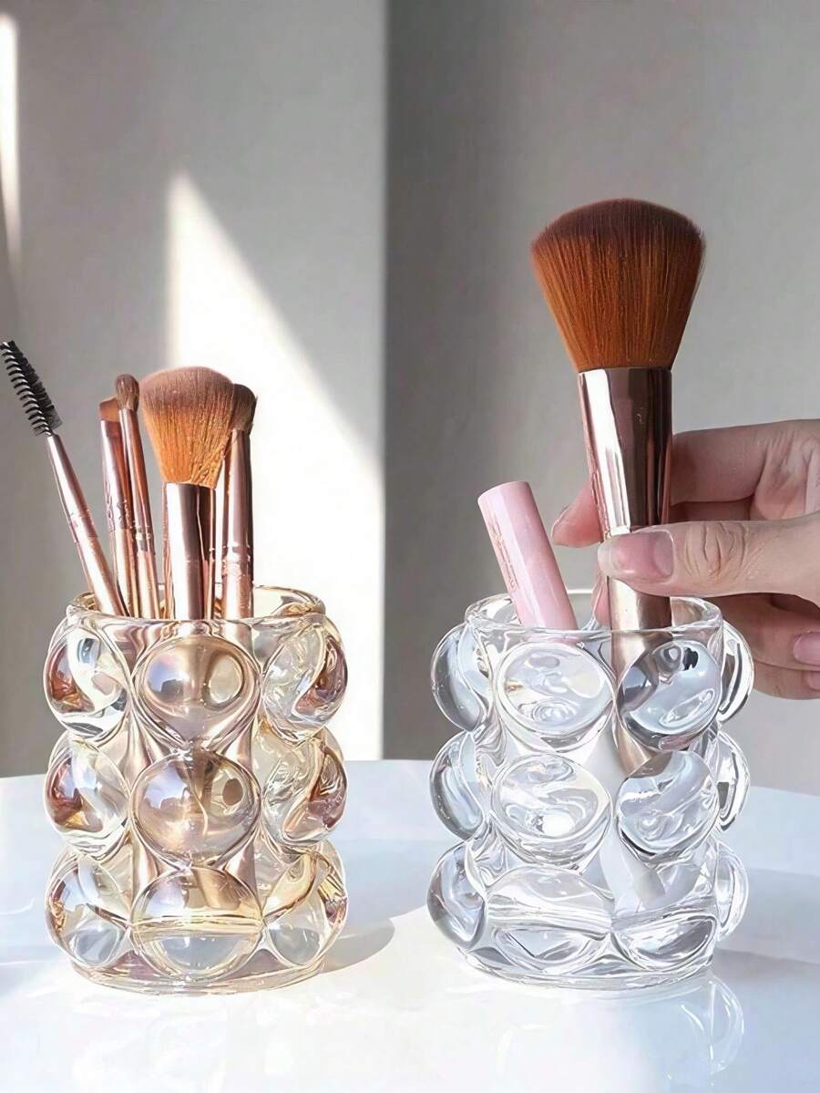 Multi-Purpose Transparent Crystal Glass Pen Holder Decorative Item - Spherical Bucket Makeup Brush Storage Box, Suitable For Dressing Table, Pen Holder, Candle Holder (2.5*2.5*3.5 Inches). Transparent, Colorful, Amber, Smoke Gray. - View 1