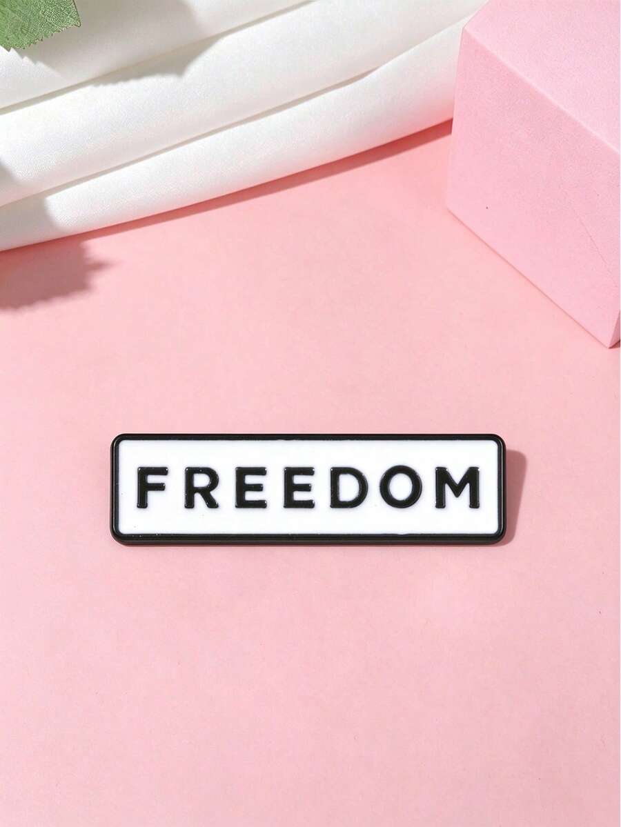 1 Pc FREEDOM Letter Enamel Pin, Simple Black White Rectangle Slogan Lapel Brooch For Backpack Jacket Clothing Decoration Gift