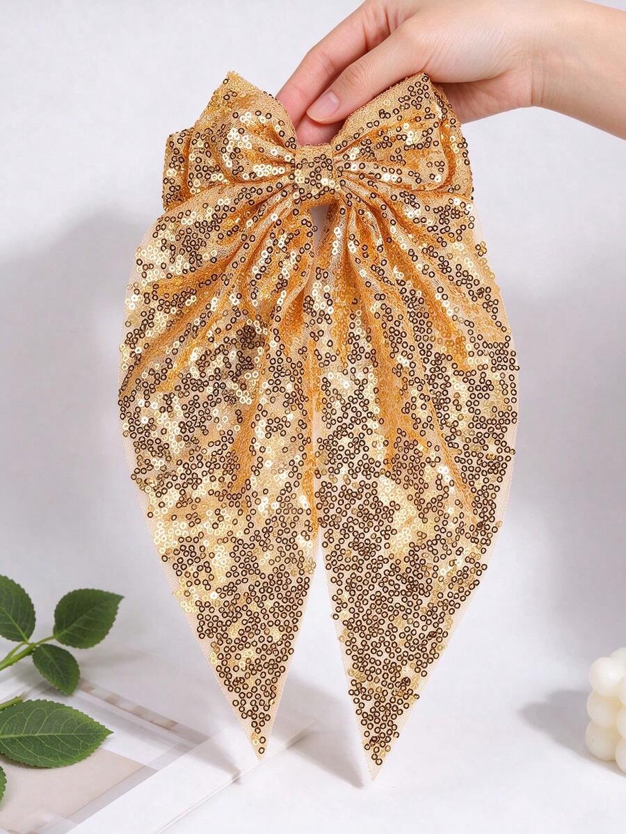 1pc Casual Versatile Sequin Large Bow Hair Clip With Long Ribbon, Half-Up Hair Accessory For Back Of Head, Stage Performance Accessory - Gold - View 1