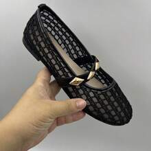 Women's Mesh Hollow-Out Mary Jane Flat Shoes, Low Vamp Strap Rivet Decor Breathable Woven Soft Sole Daily Commute Shoes - Black - View 4