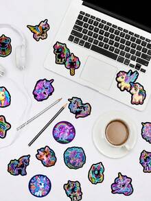 50pcs Neon Rainbow Horse Stickers, Dreamy Unicorn Theme Design, Hand-Drawn Rainbow Unicorn, Starlight Mane, Colorful Tail Feathers, Nebula Pattern, Suitable For Bicycle, Books, Planner, Tumbler, Desk Organizer, Skateboard, File Box Decoration - Multicolor - View 3