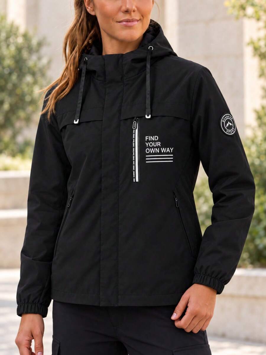 AODSR Women's Black Hooded Jacket With Multiple Zip Pockets, Drawstring And Letter Print, Long Sleeve Zip Front Outerwear - Black - View 1