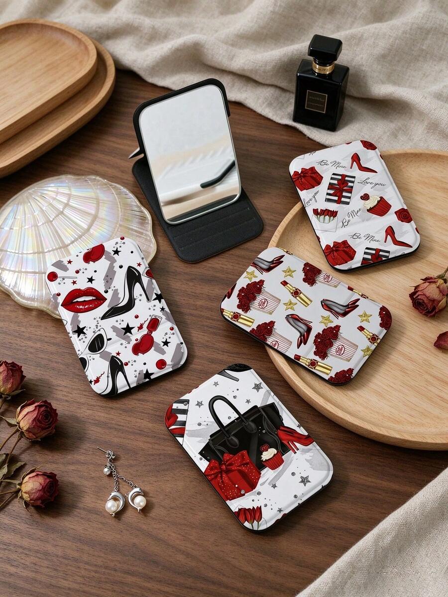 1PC Millennium Y2K Series Portable Vanity Mirror, Foldable Lightweight Ultra-Thin Convenient Hand Mirror, PU Leather, Suitable For Multiple Scenarios And All People, Mini Pocket Mirror, Cartoon Fashion High Heel Shoe Star Lip Pattern Design, Exquisite Delicate Easy To Carry, Handheld Makeup Mirror, 180° Flip Cover Multi-Function Mini Mirror, Compact Mirror, Mirrors - Multicolor - View 1