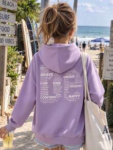 Big Girls Pullover Sweatshirt Sweatshirt, Back Inspirational Positive Text Print, Drop Shoulder Design, Warm Casual Top For Autumn/Winter - Purple - View 1