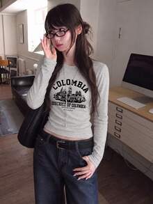 Women's Fashion Autumn/Winter Round Neck Casual Minimalist Versatile Letter Print Short Long Sleeve T-Shirt For Seasonal Outfit - Light Gray - View 2