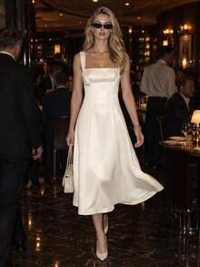 1pc Solid Color Elegant Hollow Back Bow Knot Women's Dress For Evening Date Wedding, Elegant White Dress - White - View 2