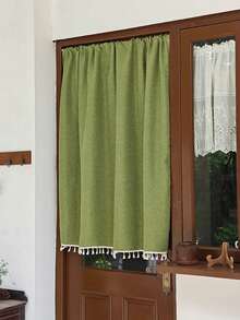 Sage Green Faux Linen Tier Curtain, Rod Pocket Boho Short Window Curtain With White Tassel Fringe, Farmhouse Privacy Cafe Curtain For Kitchen Door Cabinet - A - View 11