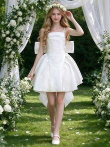 Đầm công chúa xòe cho bé gái tuổi tween, dáng oversized, đính nơ lớn, hở vai lạnh, phong cách thanh lịch, phù hợp làm phù dâu, tiệc sinh nhật, thi hoa hậu, lễ tốt nghiệp, lễ rước lễ lần đầu, lễ rửa tội và biểu diễn piano - trắng - Xem 2