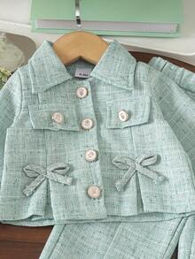 2pcs Baby Girl Elegant Fresh Turn-Down Collar Open Front Jacket & Pants Set, Autumn/Winter Casual Commute Outfit - Mint Green - View 5