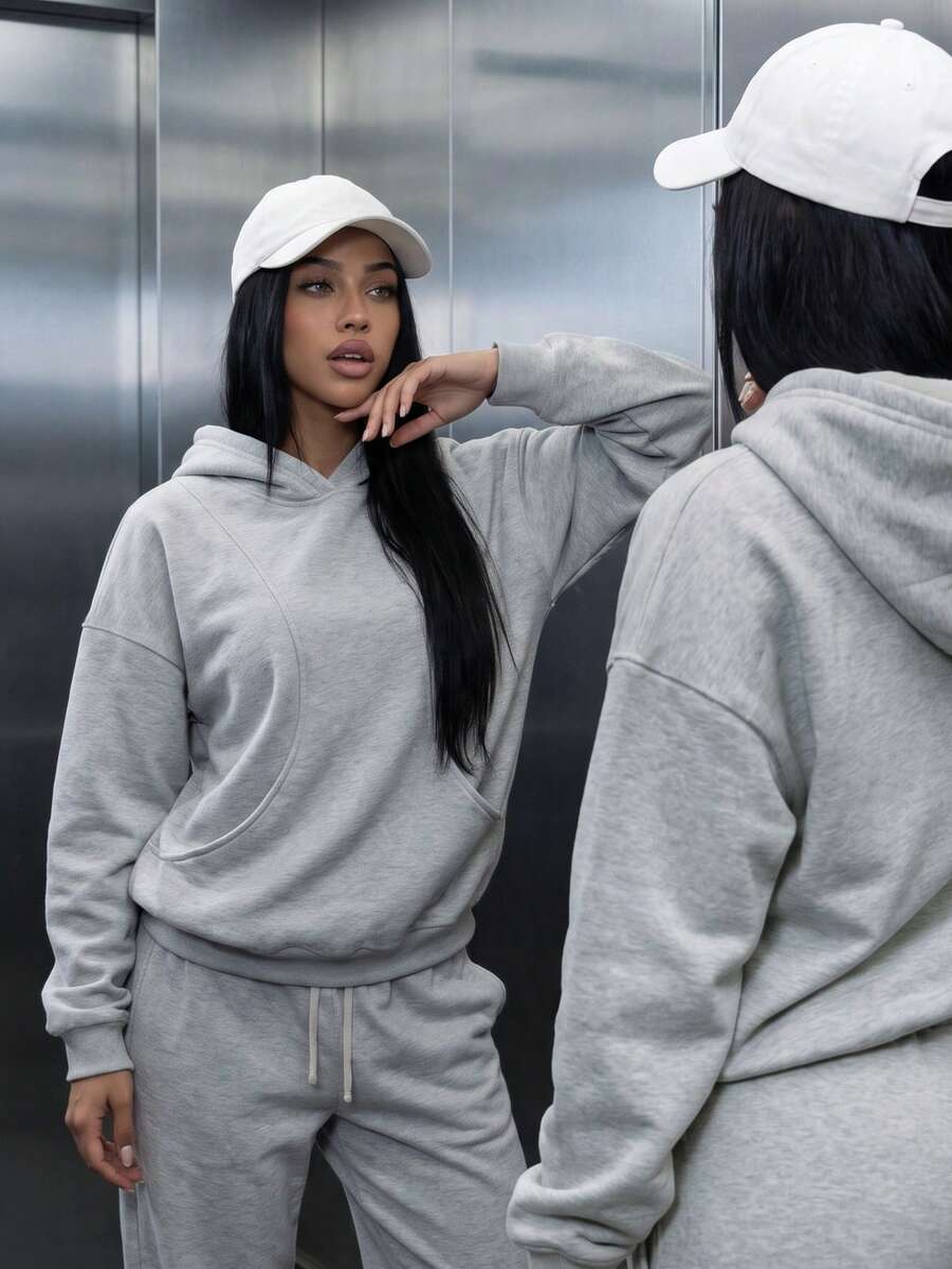 女款休閒抓絨內裡露口袋長版寬鬆連帽衛衣，秋冬日常上衣，秋冬戶外穿著
