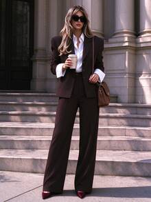Fashionable Women's Lapel Blazer & Pleated Wide Leg Pants Set, Elegant Non-Stretch Fabric, Suitable For Autumn/Winter Office Wear, Solid Color - Chocolate Brown - View 2