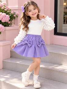 2pcs/Set Young Girls Casual Cute Puff Sleeve Top And Bow Decor Skirt Outfit - Mauve Purple - View 1