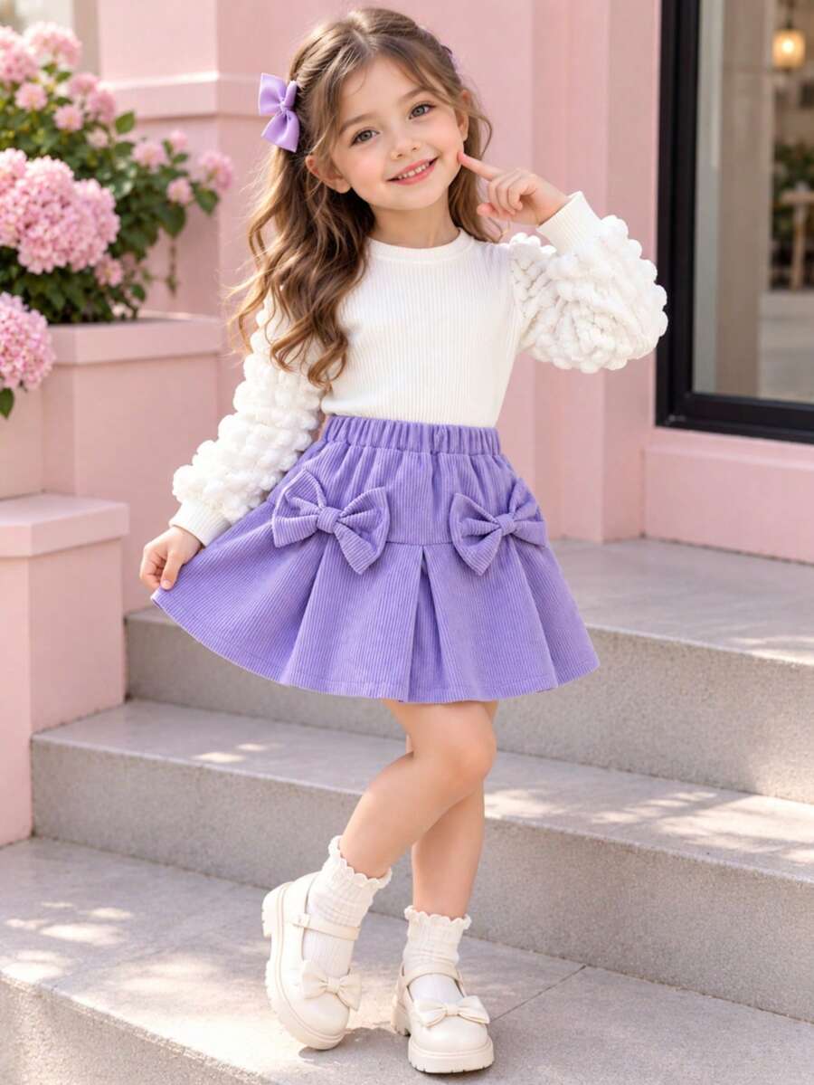 2pcs/Set Young Girls Casual Cute Puff Sleeve Top And Bow Decor Skirt Outfit - Mauve Purple - View 1