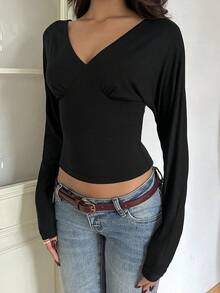 SCARLUX Fall Y2K Women Basic Black Off‑The‑Shoulder Top, Cross V‑Neck Slim‑Fit Long Sleeve Tee For Back To School Going Out Casual Wear - Black - View 6