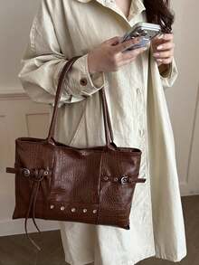 Tote Bag With Clear Crocodile Texture Creating 3D Texture, Belt Buckle And Rivet Elements Embellishing The Body, Sleek Design. Thickened Hand-Carry Shoulder Strap With Good Load-Bearing Capacity, Spacious Body Can Store Books And Laptop, Minimalist And Elegant, Suitable For Multiple Outfit Scenarios - Brown - View 3