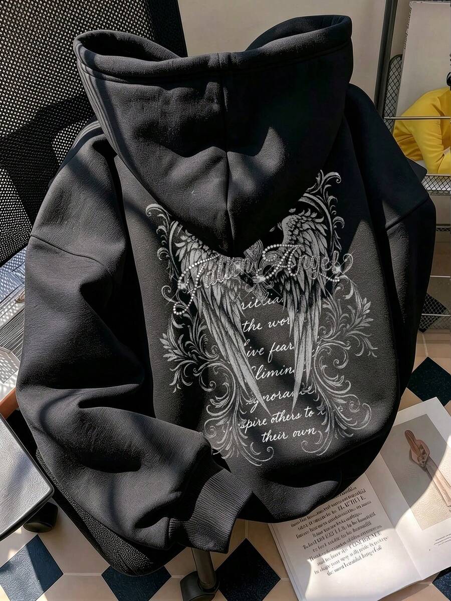 Women's Hooded Sweatshirt, Autumn/Winter New Wing Pattern & Letter Print, Drawstring Design, With Pockets, Casual Versatile Loose Fit Top, Fashionable Daily Wear - Black - View 1