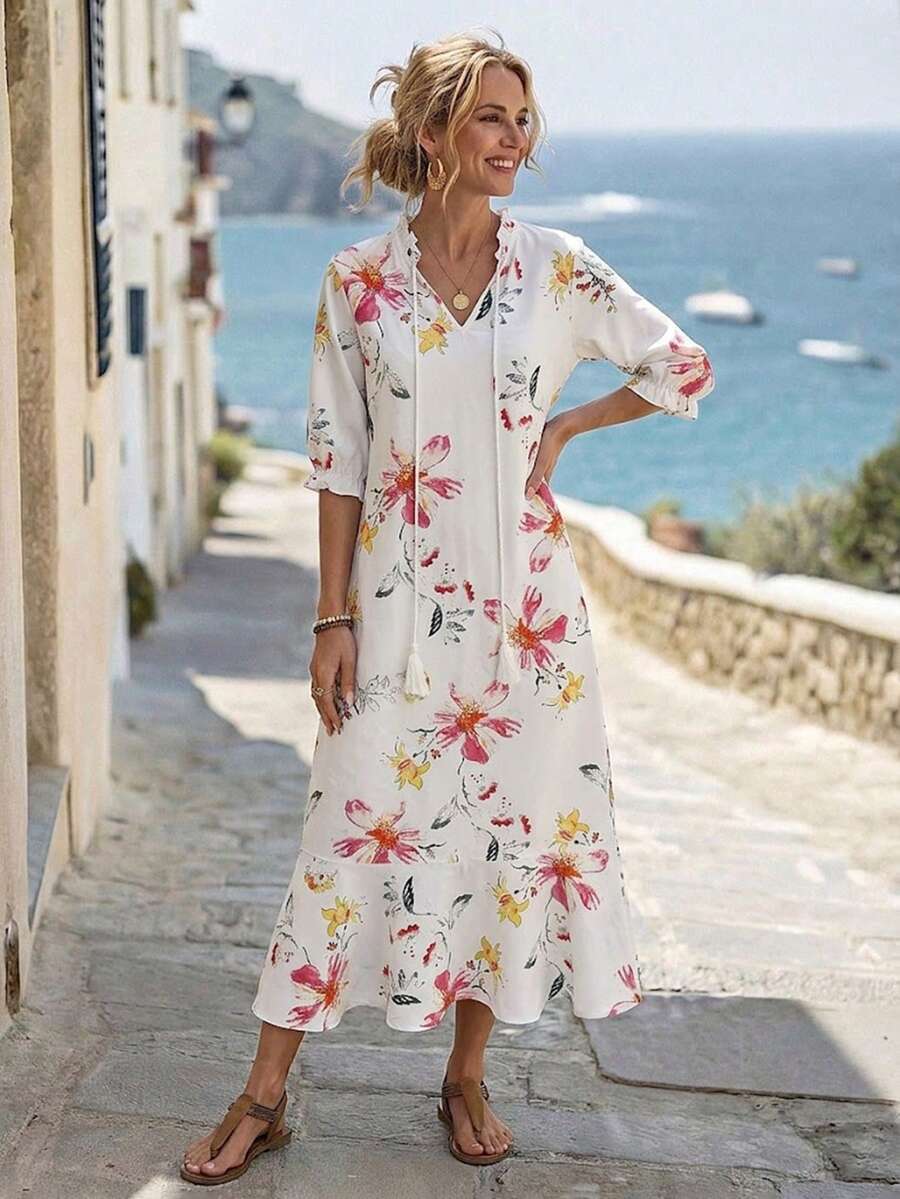 女士休闲度假风印花连衣裙 优雅白色夏季 - 白色 - 查看 1